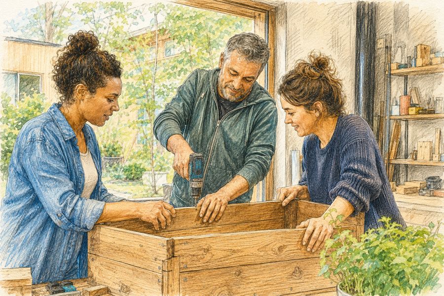 Trois personnes assemblent ensemble un bac en bois dans un atelier. Illustration.